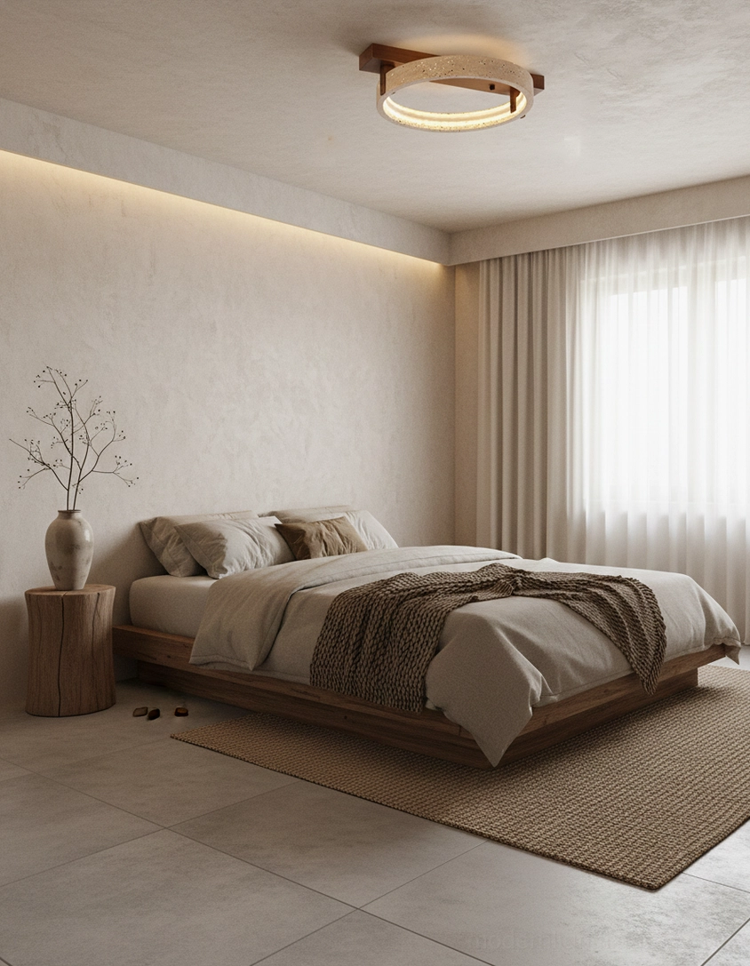 Wabi-sabi inspired travertine ceiling light Ravelo in contemporary bedroom interior setting