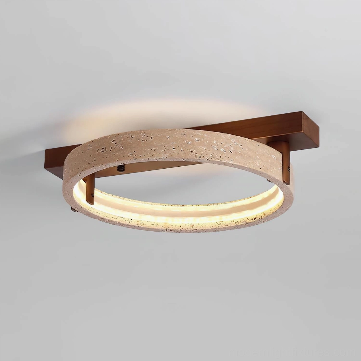 Contemporary ceiling lighting fixture Ravelo travertine stone and walnut wood sculptural design