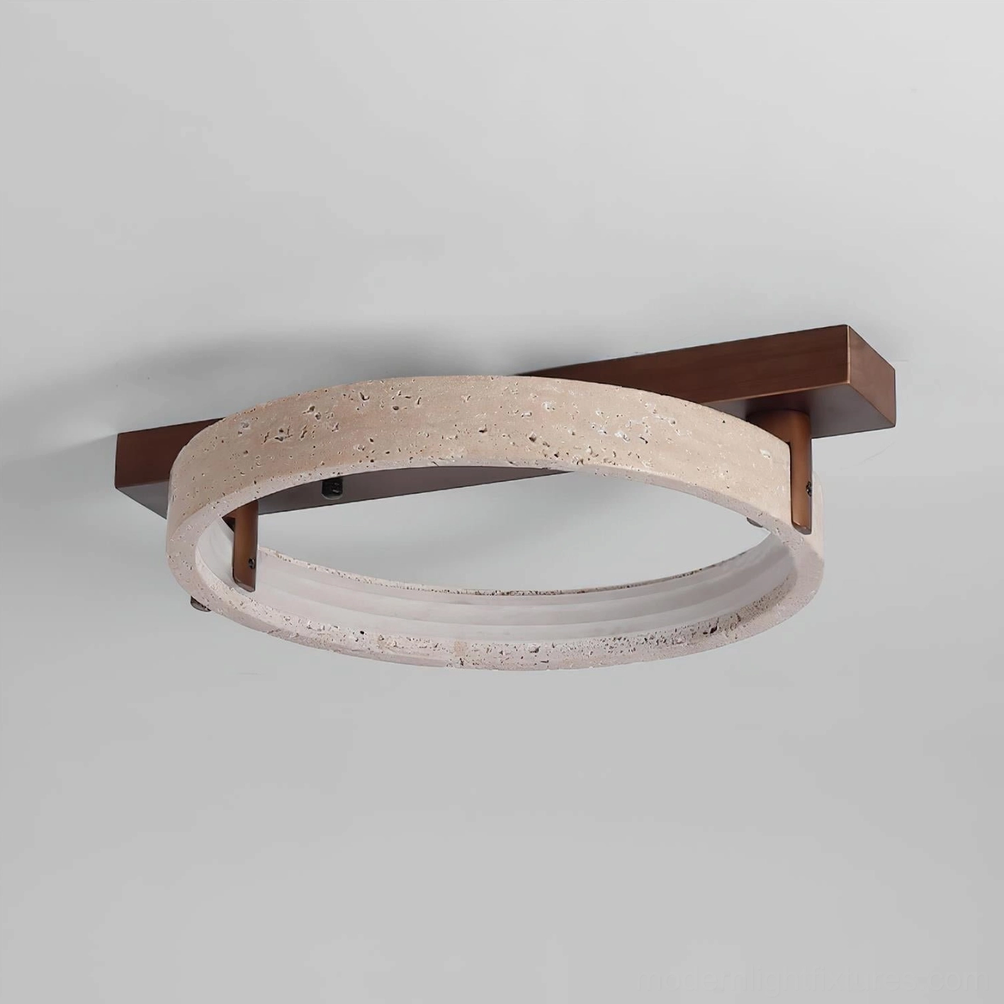 Ravelo travertine ring ceiling light installed overhead view showing integrated LED warm white light