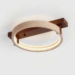 Modern travertine ceiling light fixture three-quarter angle showing natural stone texture and warm wood mounting bracket