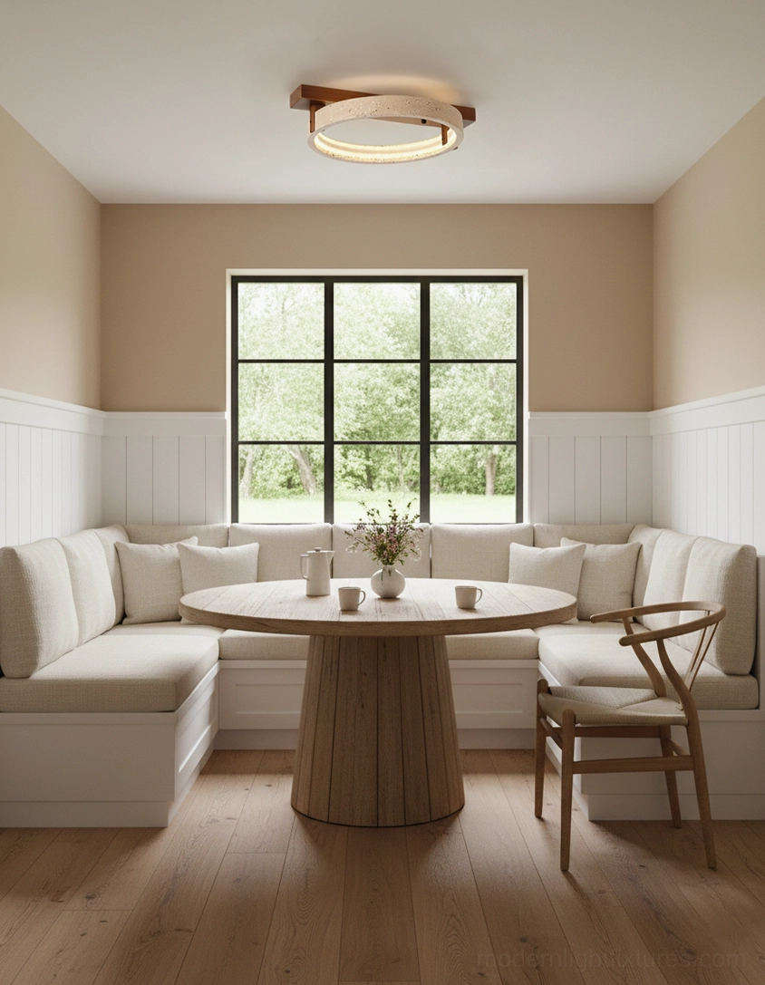 Ravelo travertine ceiling light walnut wood bracket and LED mounting system architectural detail