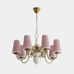Ravina mid-century modern fabric chandelier with brass arms and red-white checkered shades - front studio view