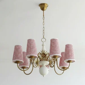 Ravina 6-head fabric chandelier with gold brass hardware and white ceramic center - side angle detail