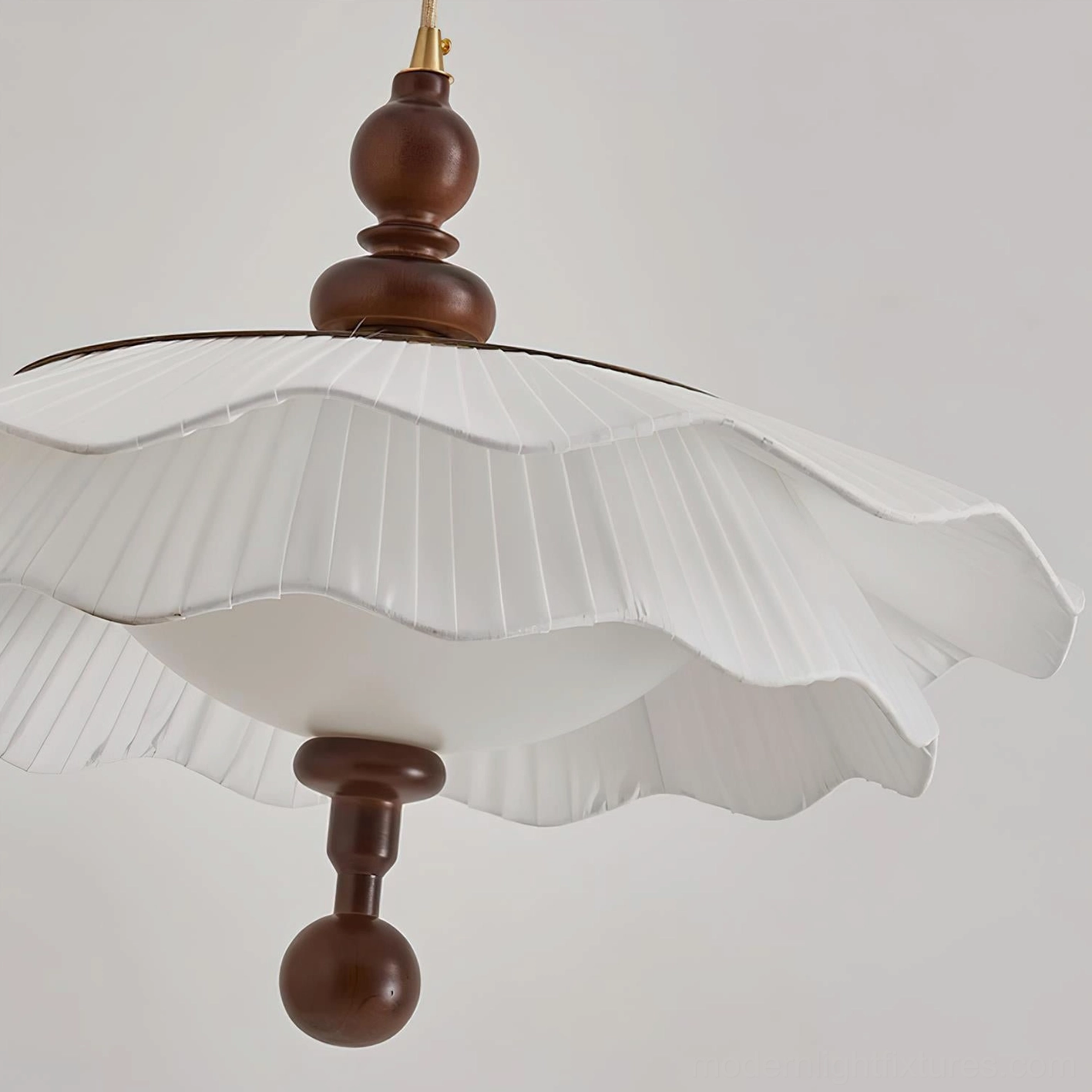 Ravina pendant light showing walnut wood and white color options with scalloped pleated shade