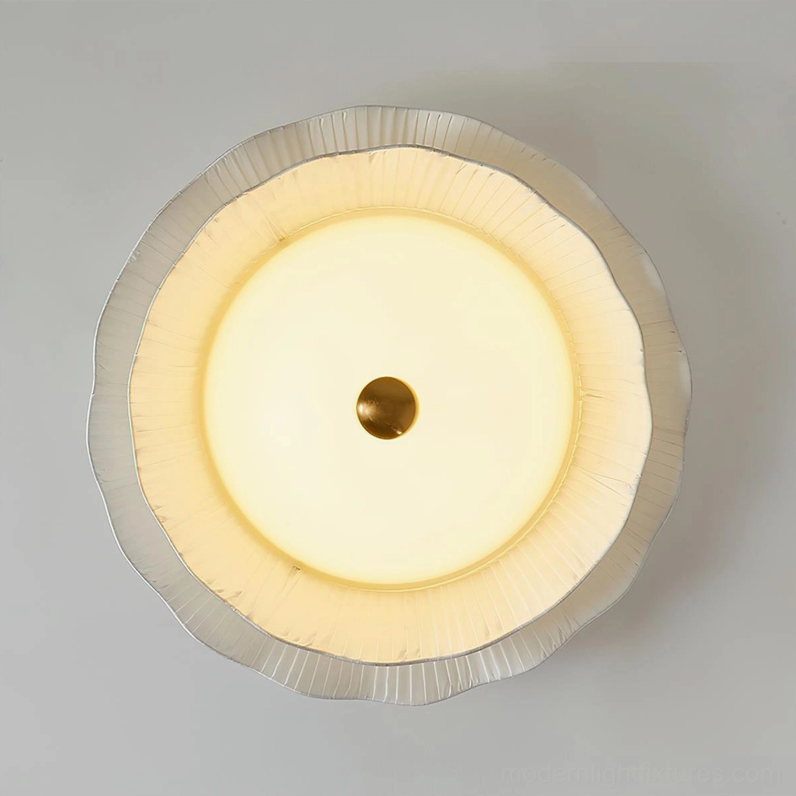 Ravina scalloped pleated pendant lamp close-up detail showing off-white fabric and brass hardware fixtures