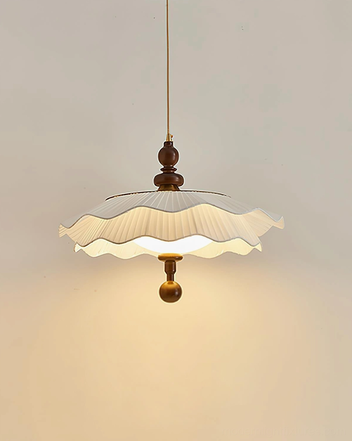 Ravina pleated scalloped pendant light close-up showing wood and brass hardware details and construction