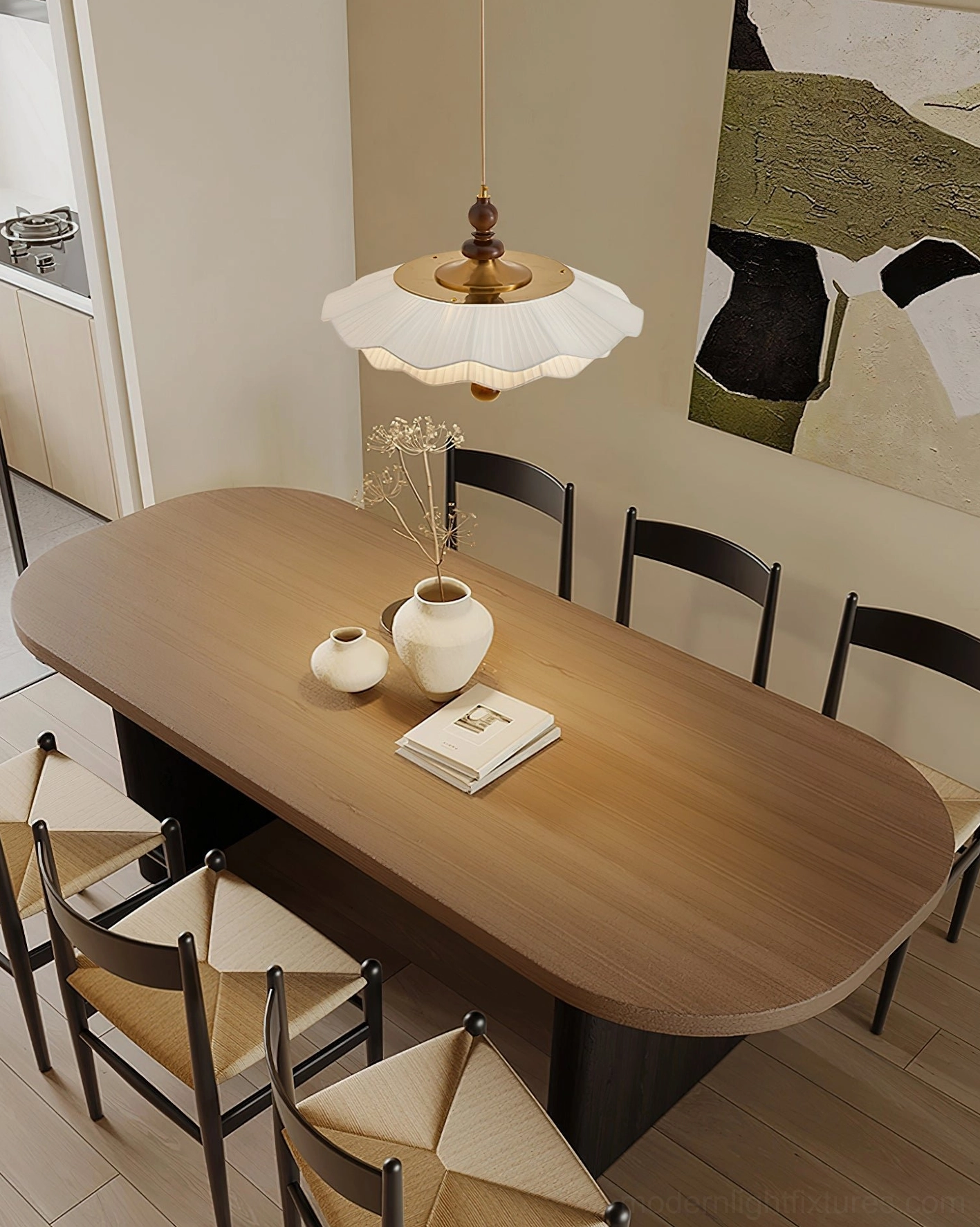 Ravina vintage-style pleated pendant light fixture warm neutral setting showcasing sculptural design