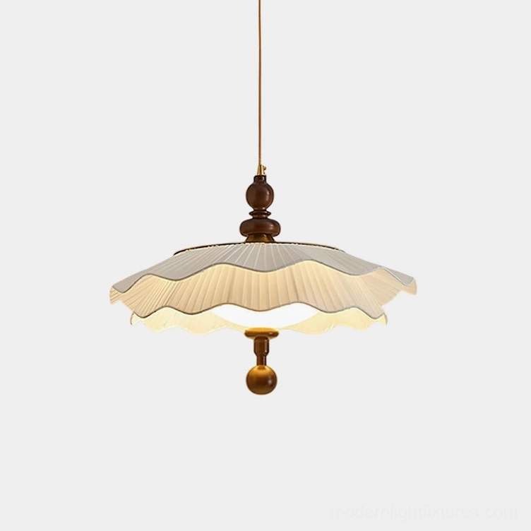 Ravina pleated pendant light with scalloped fabric shade and wood accents, front view studio photography