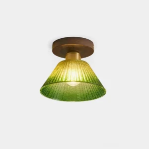 Rayelle fluted glass ceiling light with gradient green glass shade, warm brass accents, and wood canopy - modern minimalist design