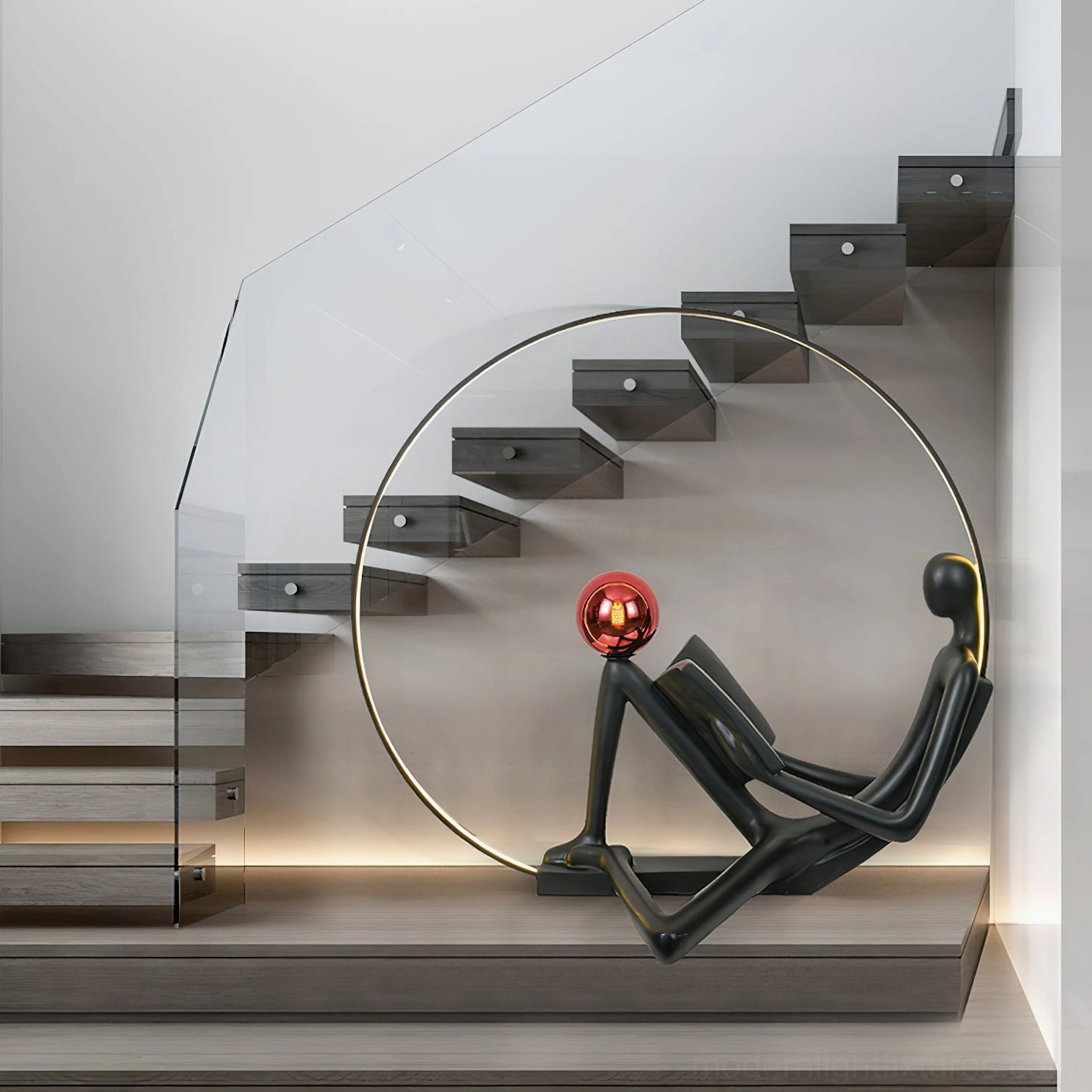 Black sculptural reading floor lamp accent lighting in modern glass railing stairwell with warm under-stair illumination