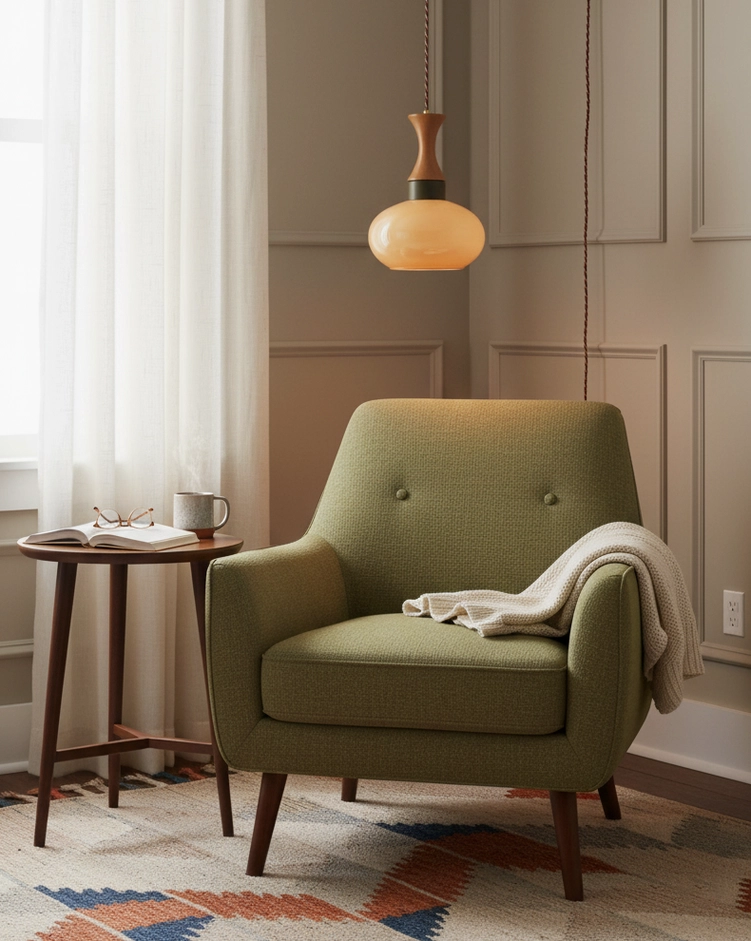 Warm amber glass hanging pendant lamp in cozy reading corner with armchair and neutral decor