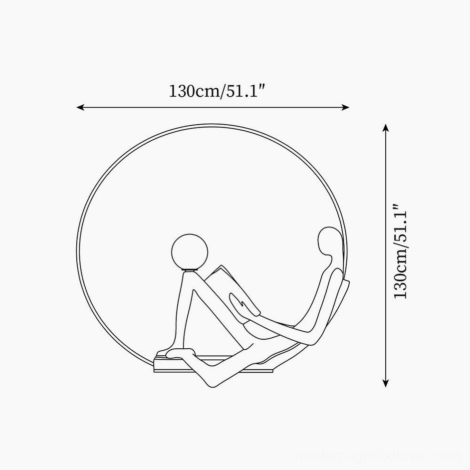 Reader statue floor lamp technical specifications and dimensions diagram, 130cm height and width measurements