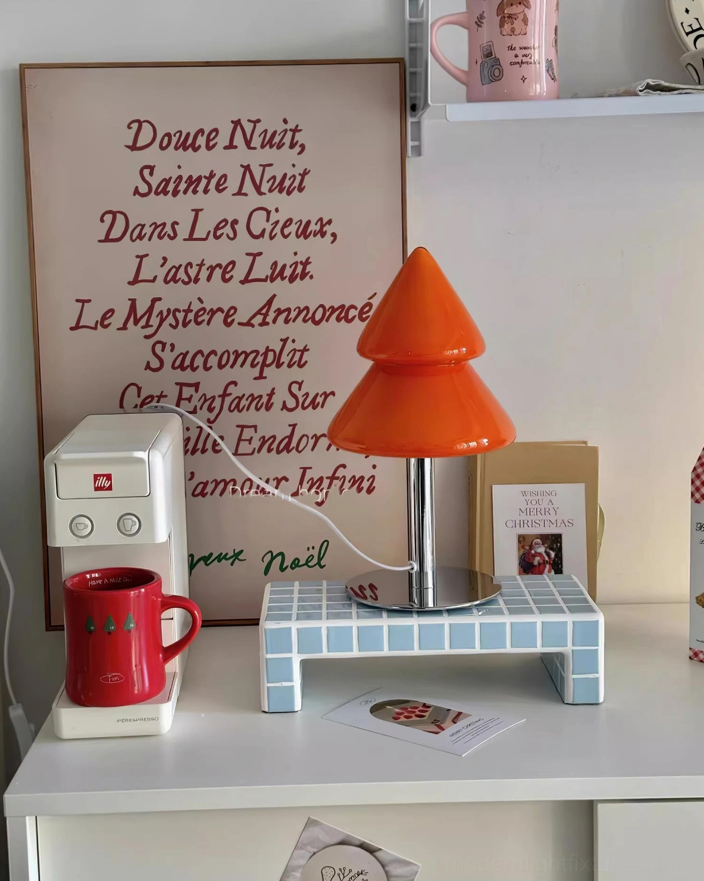 Reading nook corner with warm lighting from modern Christmas tree table lamp