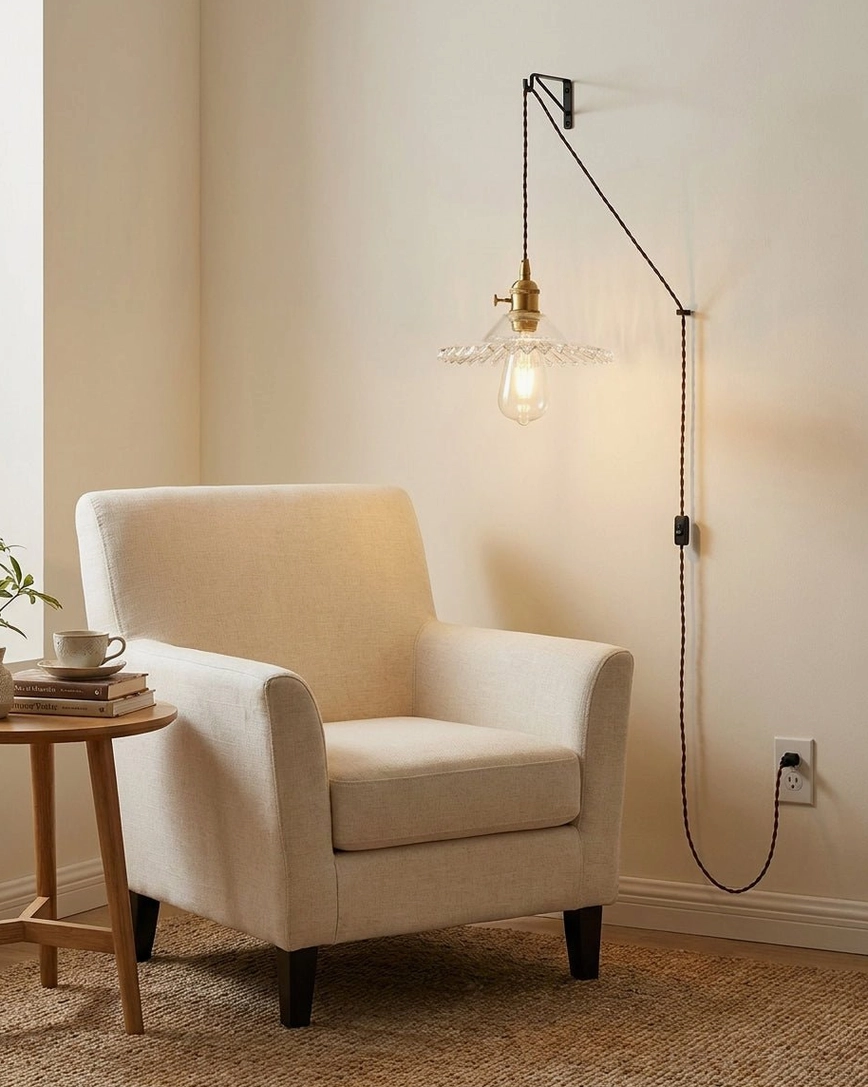 Pendant light with clear fluted glass and braided cord in reading corner nook with armchair