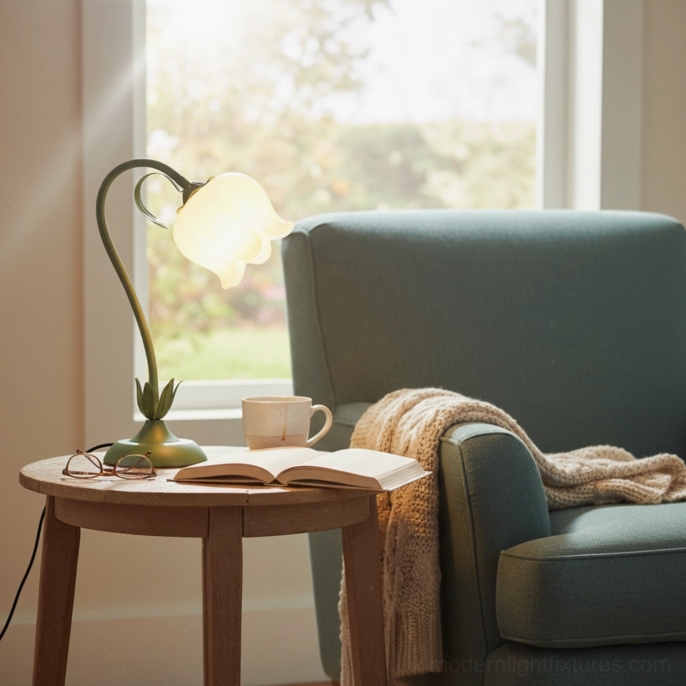 Contemporary reading nook with twist tulip table lamp on wooden side table beside armchair