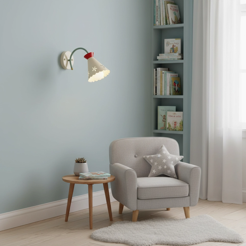 Retro pastel wall sconce in minimalist reading nook creating ambient lighting