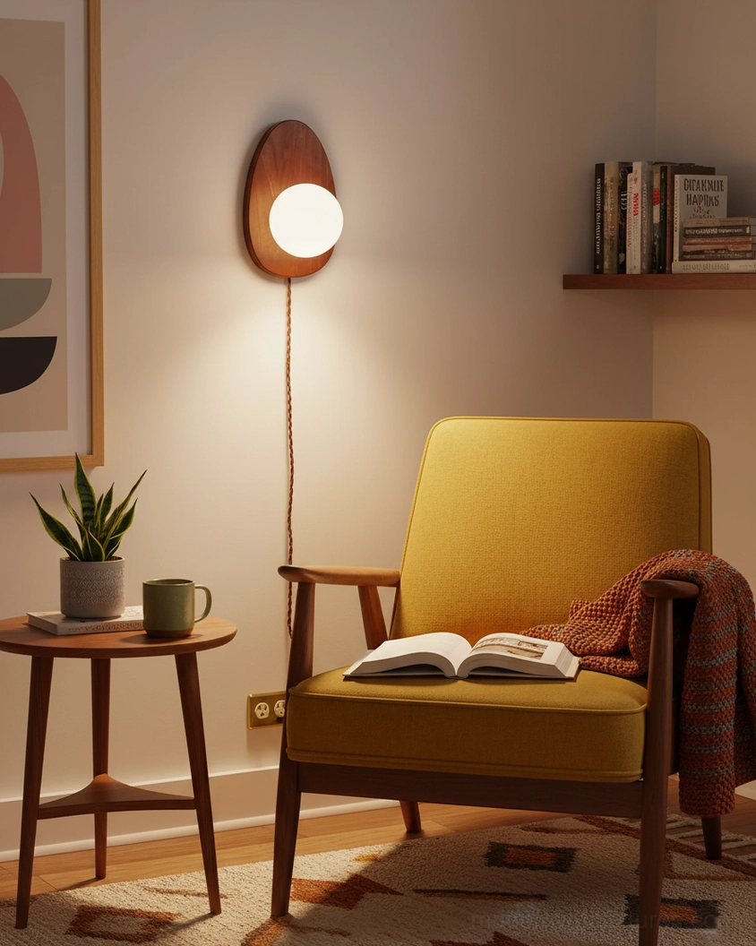 Plug-in wooden wall lamp positioned beside reading chair with side table in cozy minimalist reading nook