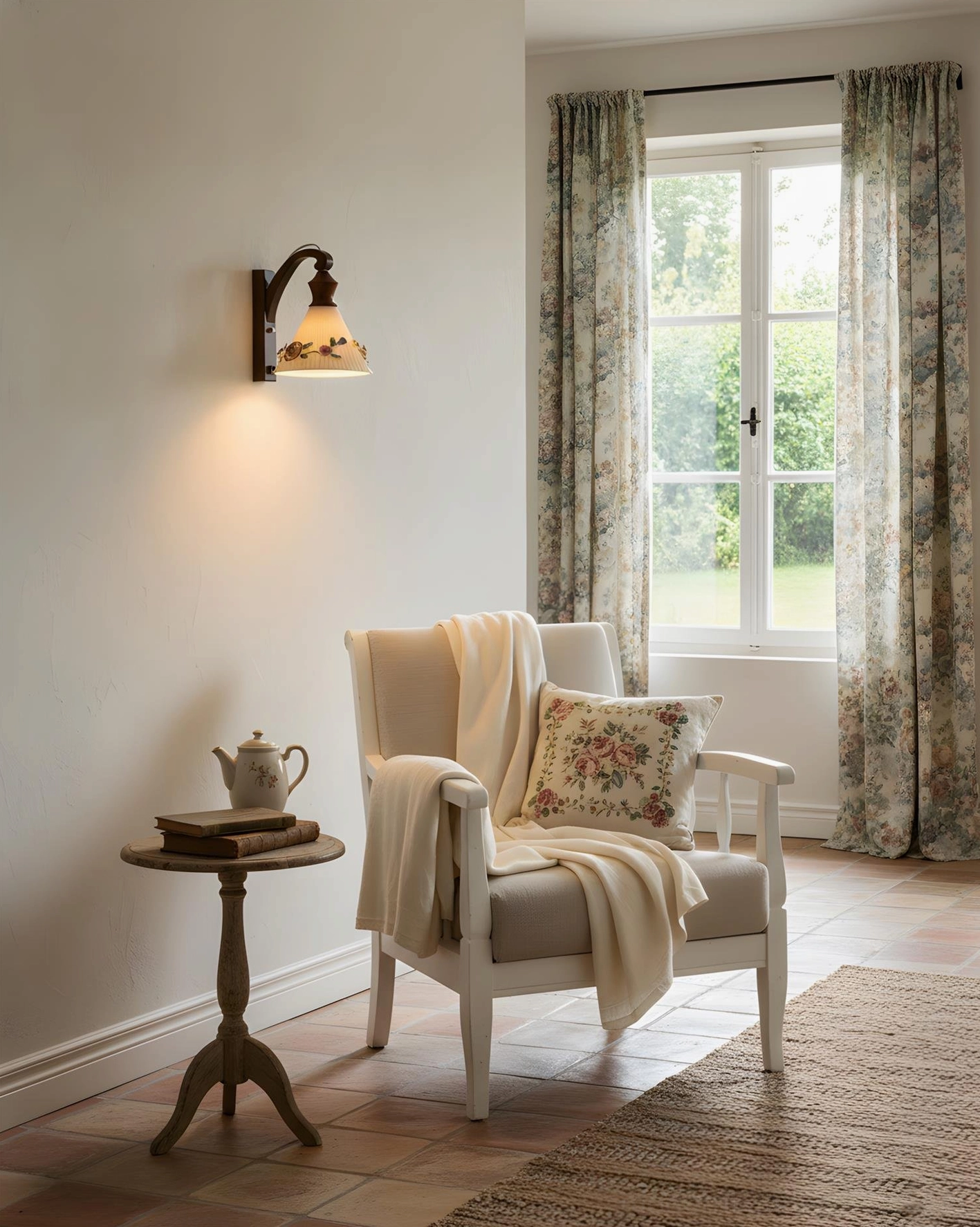 Single vintage floral wall sconce providing warm ambient lighting in reading nook corner