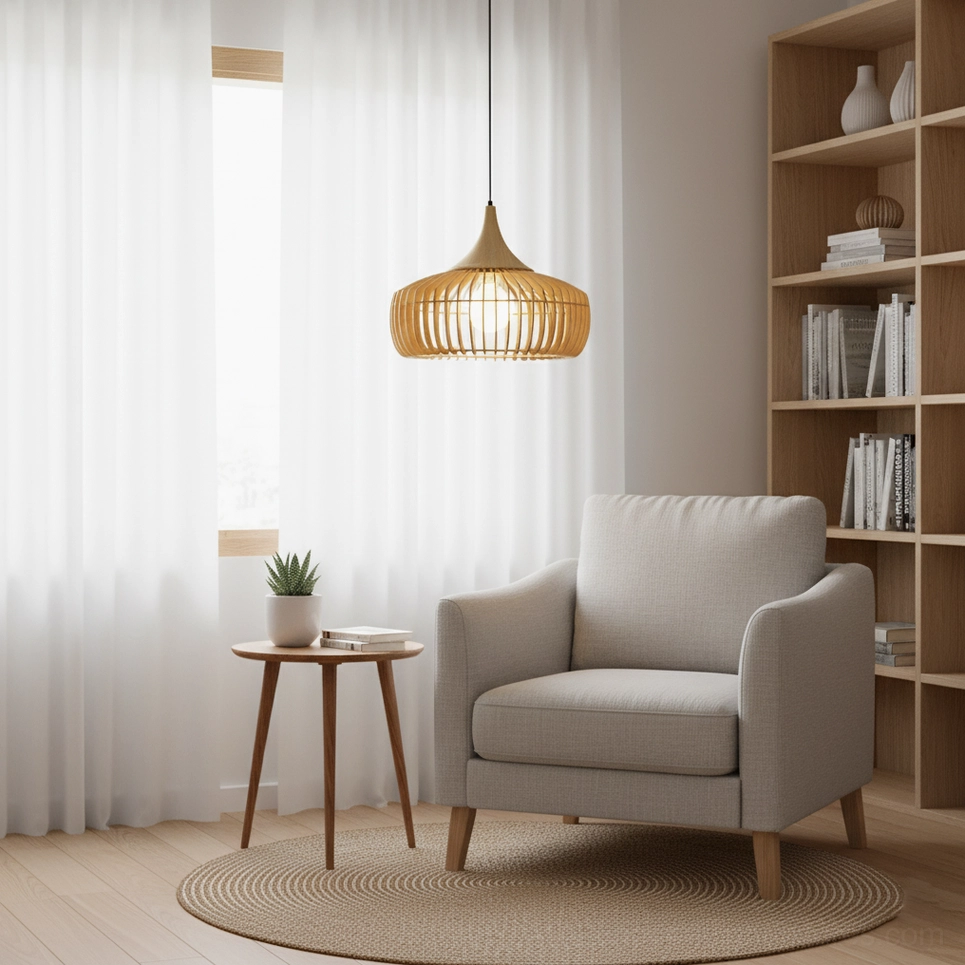 Modern wood cage pendant lamp in minimalist reading corner, soft natural home decor aesthetic