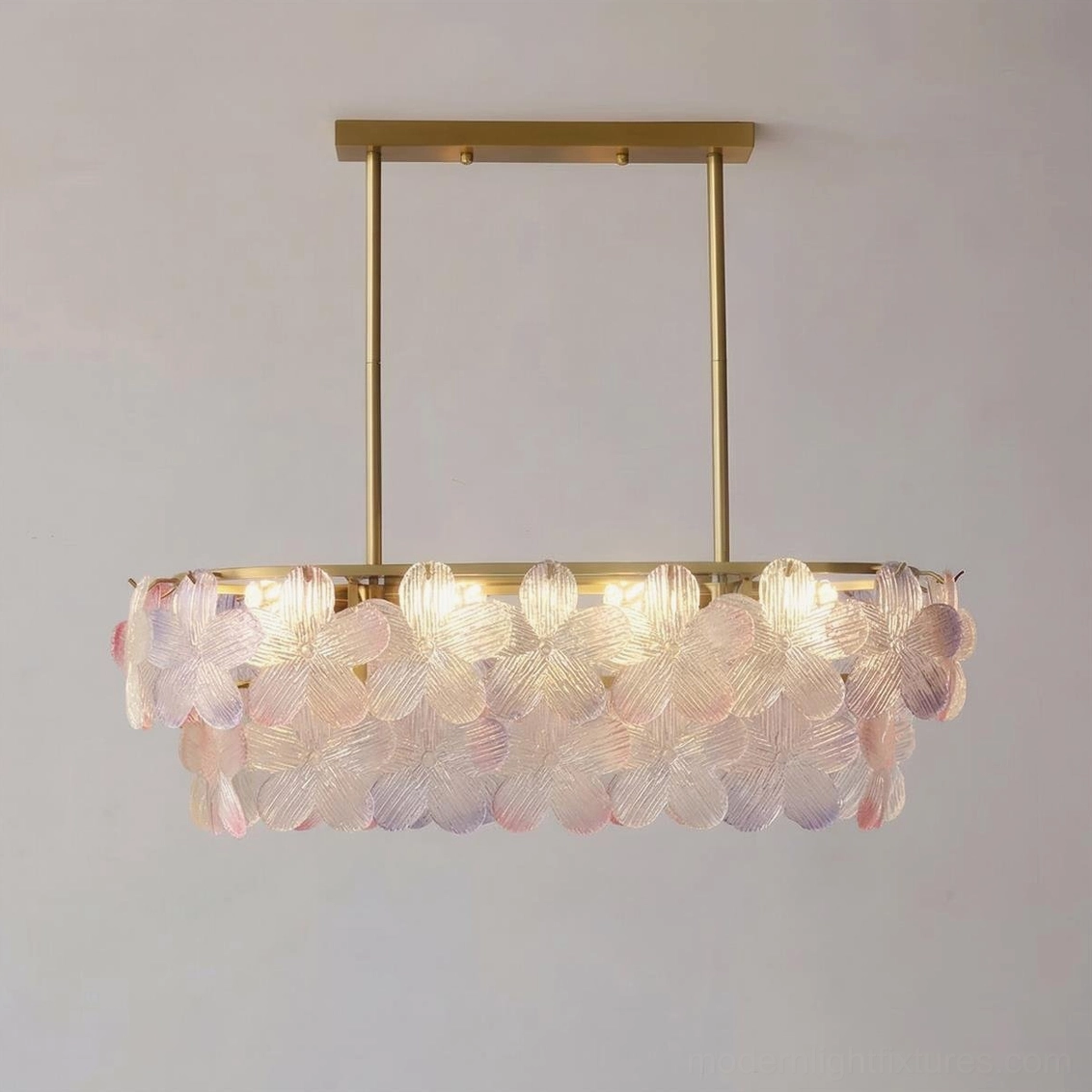 Rectangular Treviso floral glass chandelier, mixed pink blue clear, 8-bulb statement model