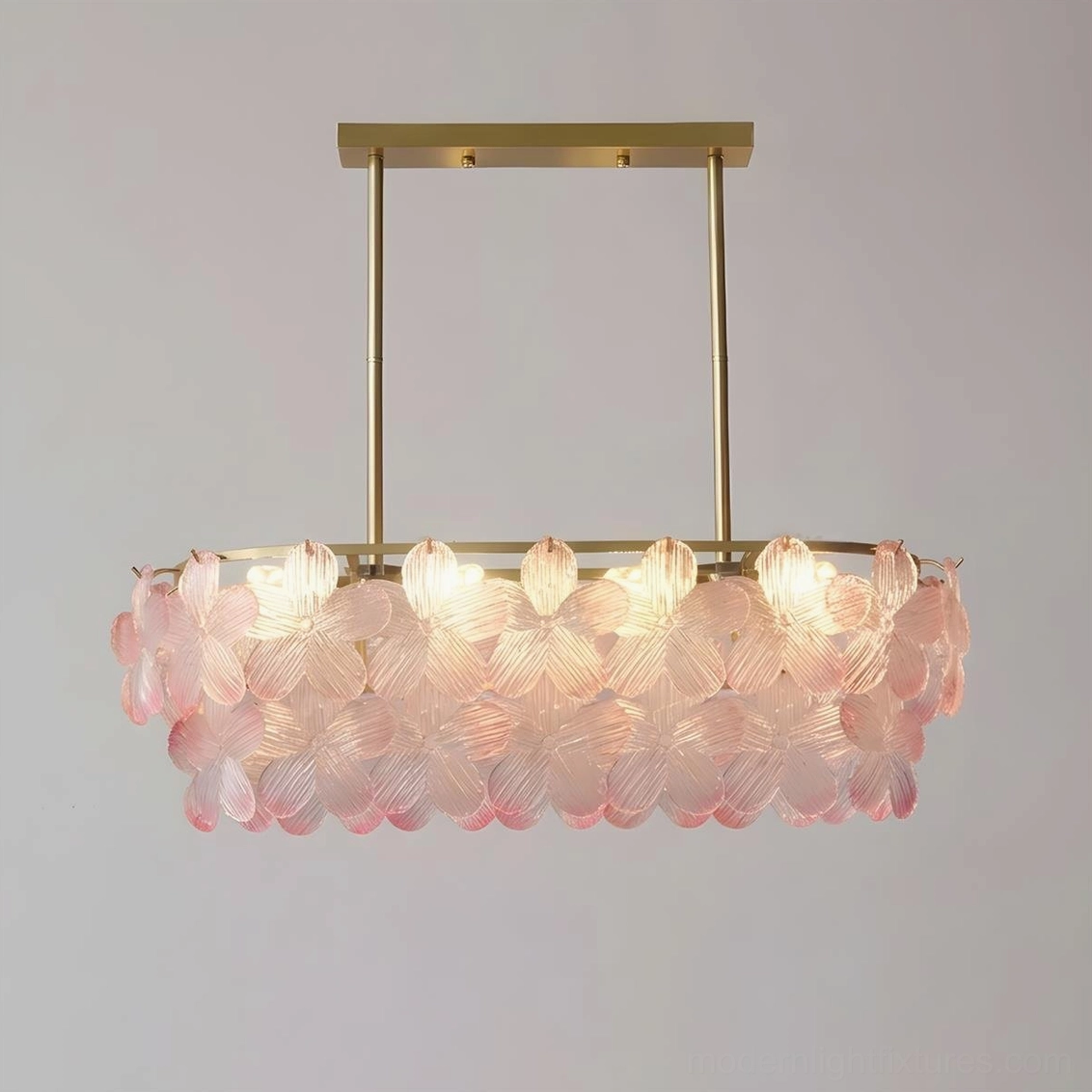 Rectangular Treviso floral glass chandelier in pink, 8-bulb statement pendant fixture