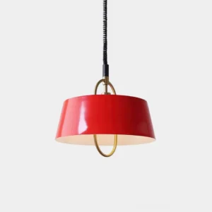 Angelo modern geometric tapered pendant light in red with brass hardware and spring cord suspension