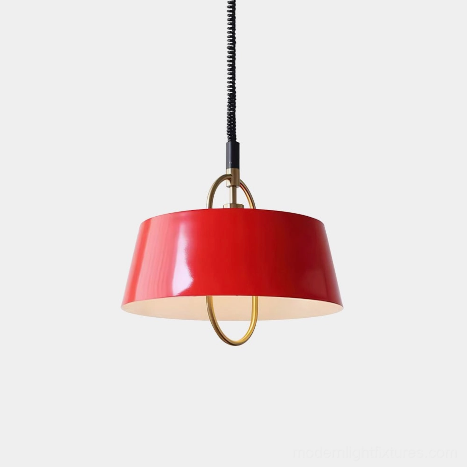 Angelo modern geometric tapered pendant light in red with brass hardware and spring cord suspension