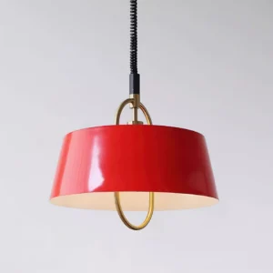 Red tapered pendant lamp with white interior diffuser and polished brass accents, three-quarter angle view