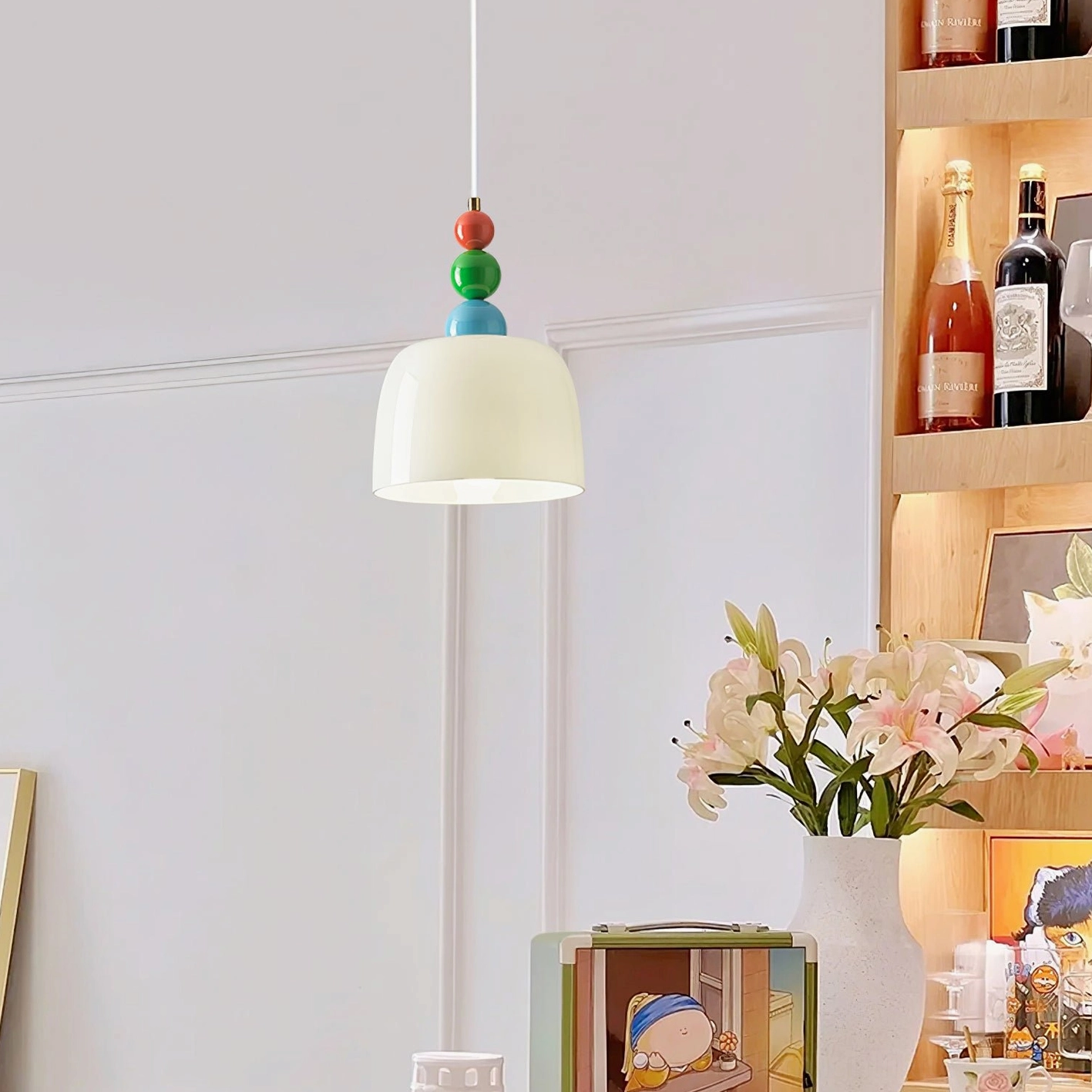 Red beaded stacked finial pendant lamp with white frosted glass dome shade