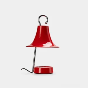 Modern bell-shaped candle warmer lamp with red glossy shade and polished chrome metal hardware, front studio view