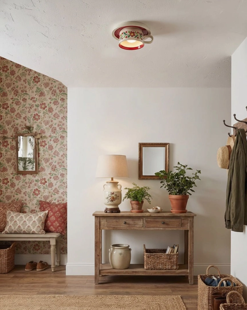 Red hand-painted floral tea cup ceiling light in cozy farmhouse hallway with botanical accent wall and mixed rustic decor