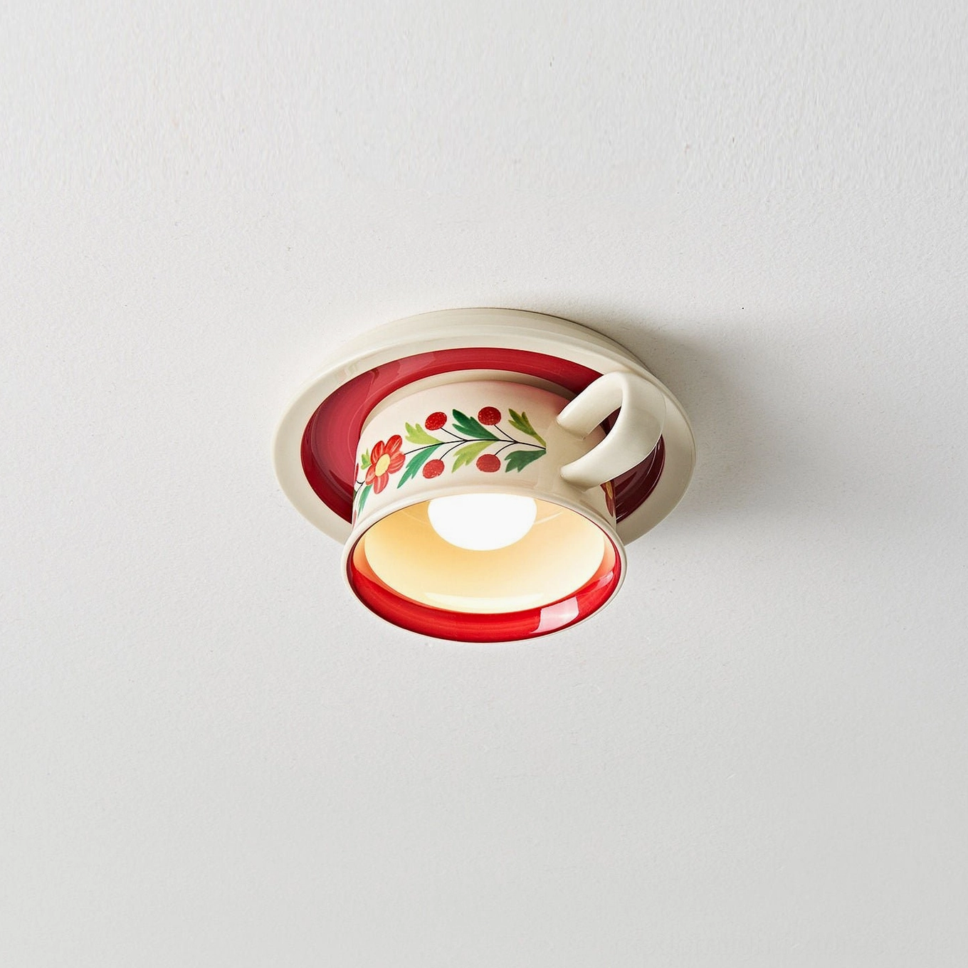 Red Brisa hand-painted ceramic tea cup ceiling light showcase view with floral botanical details