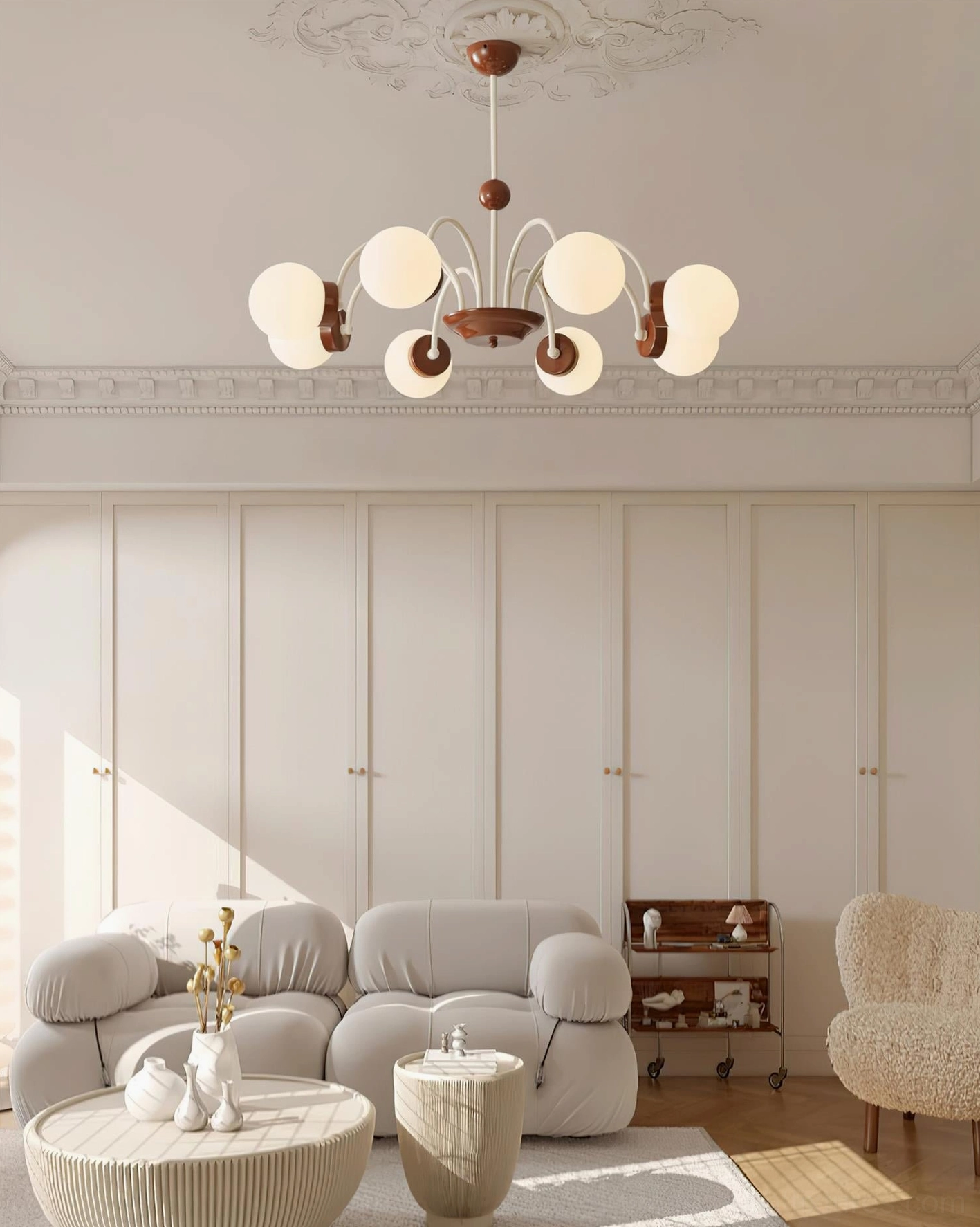 Red-brown and white globe chandelier, contemporary multi-head pendant fixture