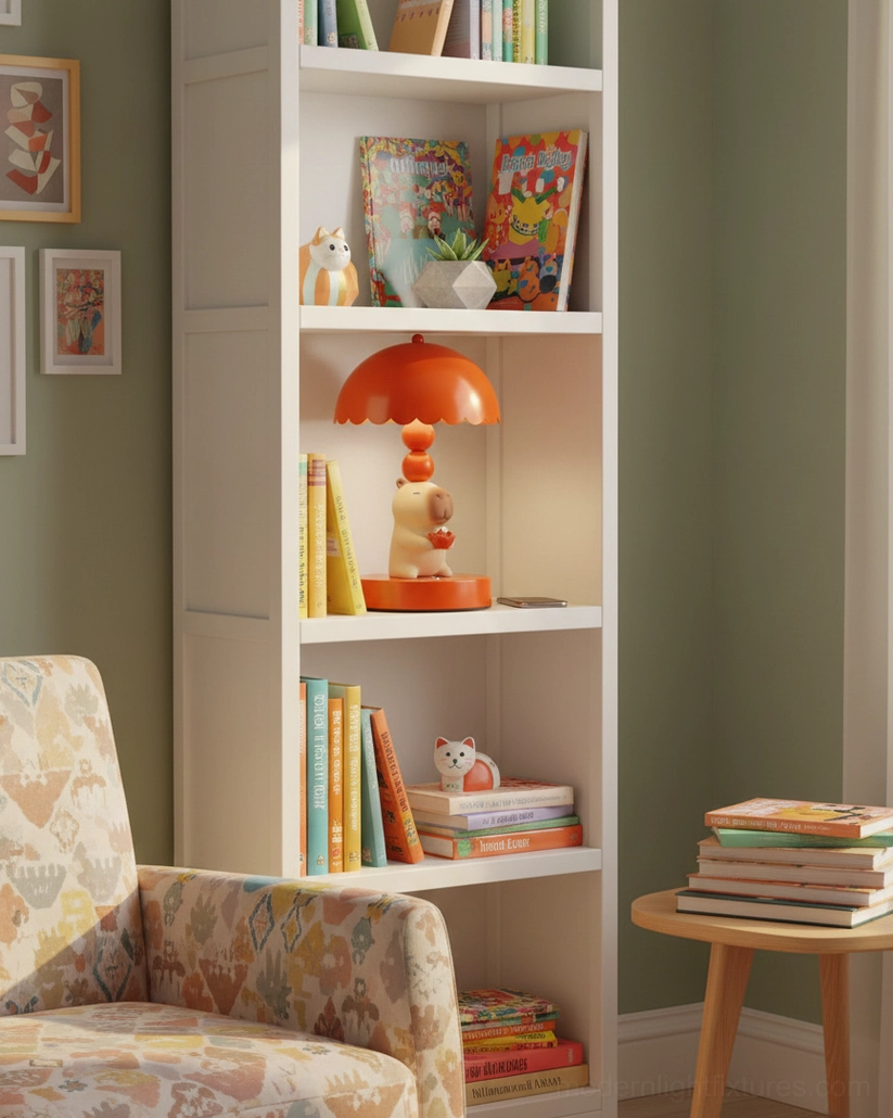 Red capybara table lamp displayed on white wooden bookshelf with books and decorative items