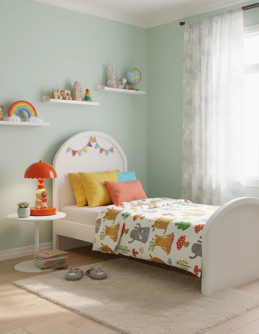 Red capybara lamp in children's bedroom on side table with animal-themed bedding