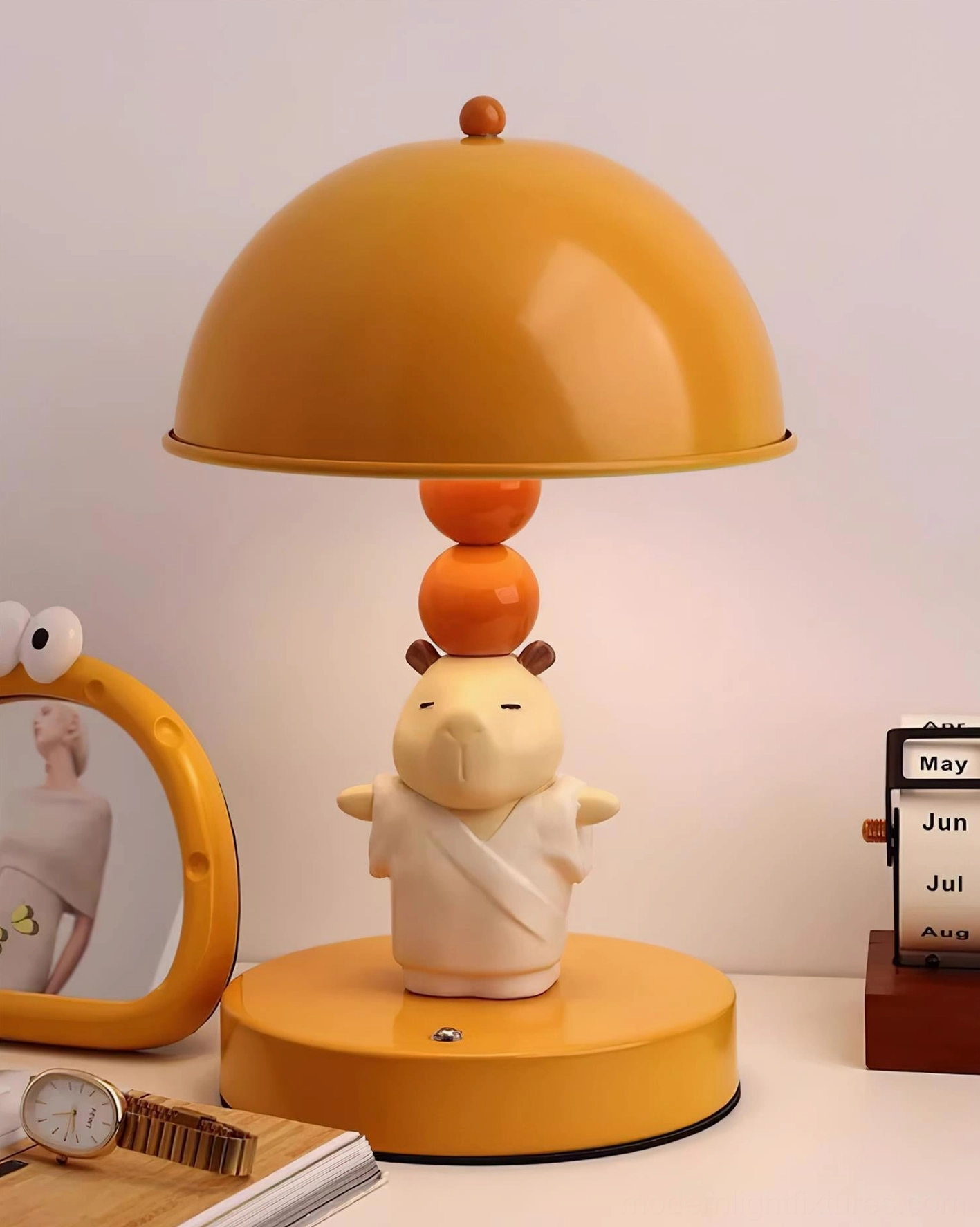 Red capybara table lamp artistic design detail with lotus flower motif
