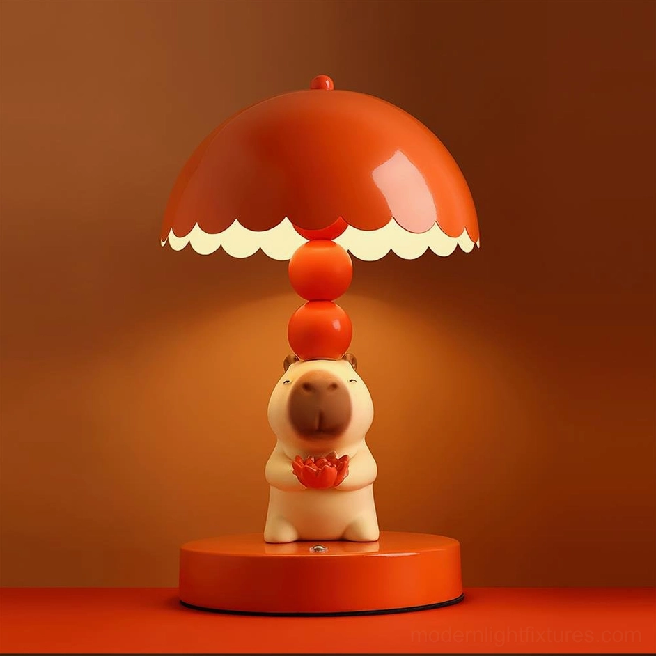 Lit red capybara lamp with warm ambient glow on orange backdrop, cozy lighting demonstration