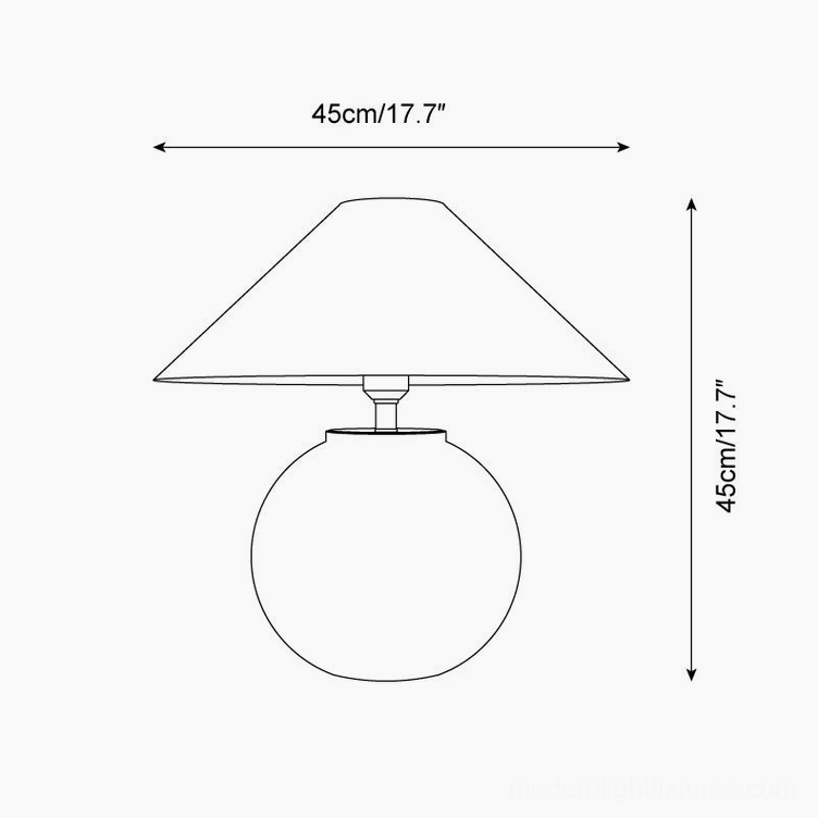 Red ceramic table lamp technical schematic diagram showing 45cm diameter and 17.7 inch height orthographic dimensions