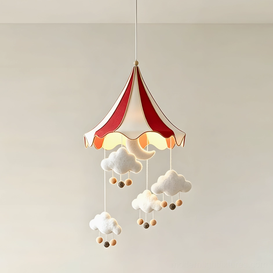 Red circus tent pendant light suspended from adjustable cord in modern kids bedroom with soft furnishings