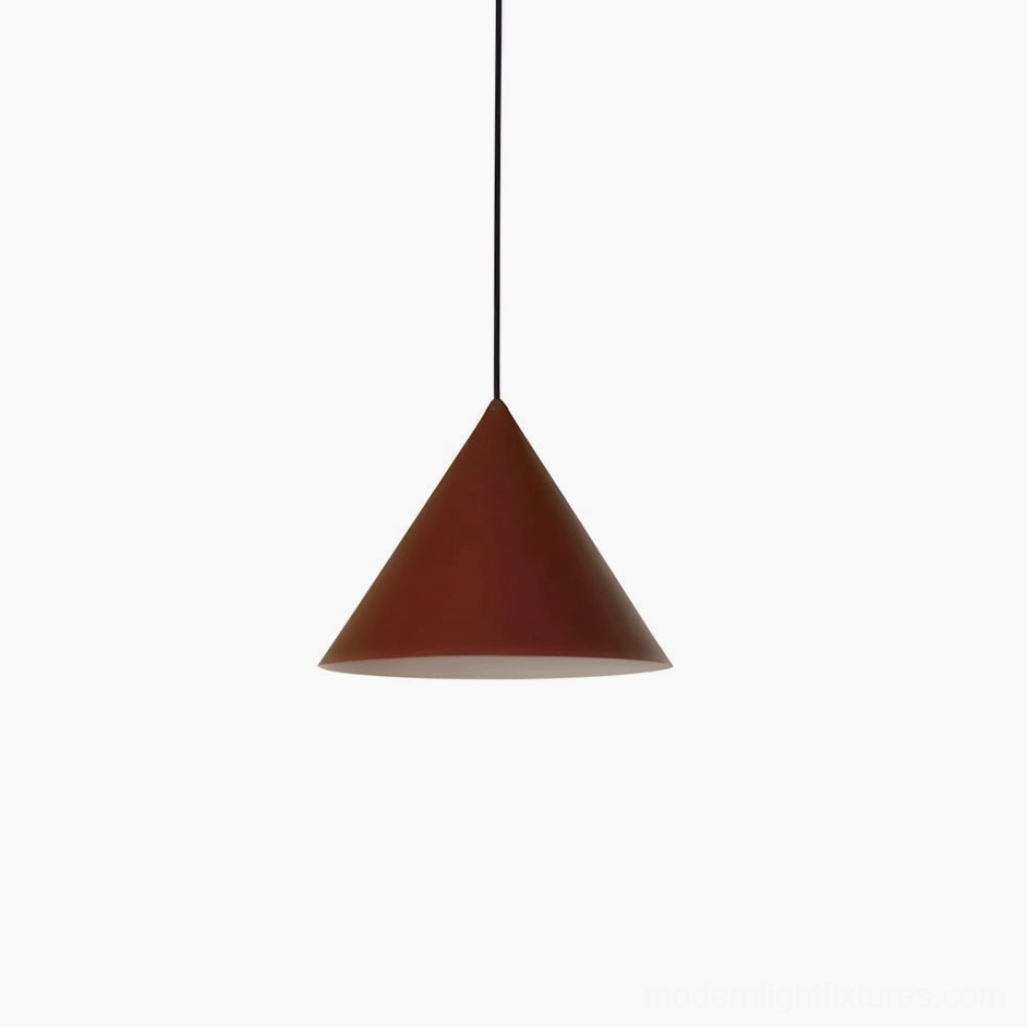 Red matte cone pendant light, modern geometric lighting fixture, studio product shot