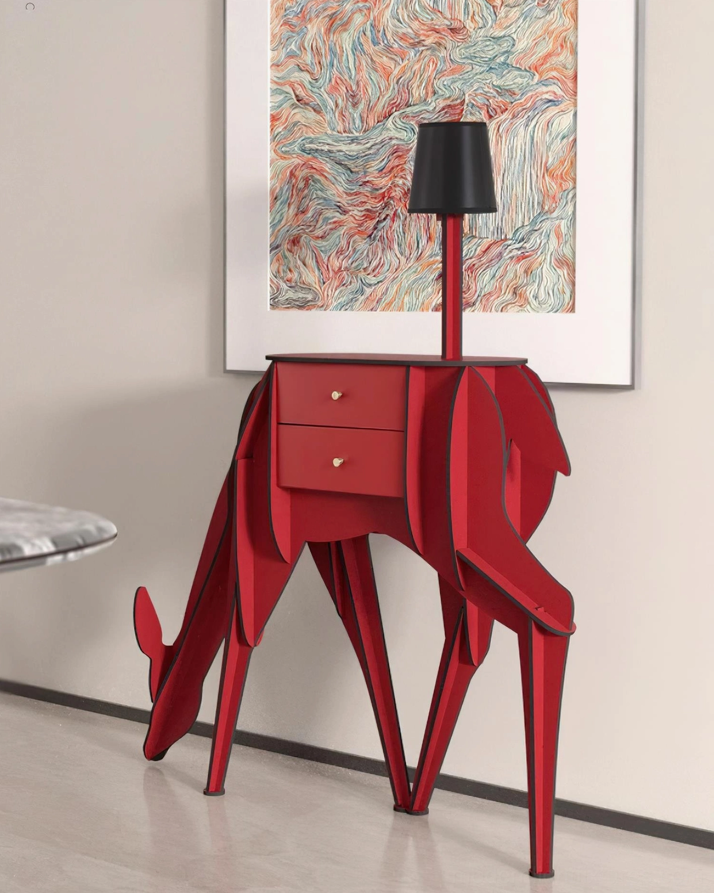 Deep red decorative deer floor lamp in minimalist hallway, paired with abstract wall art and black integrated lighting fixture