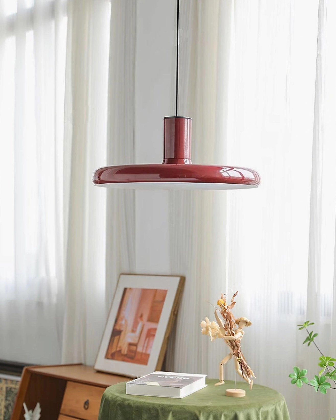 Red glossy disc pendant light entryway foyer statement piece modern interior design