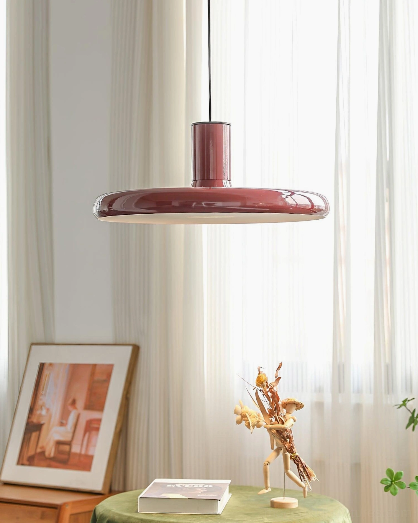 Modern red disc pendant light fixture canopy installation hardware detail