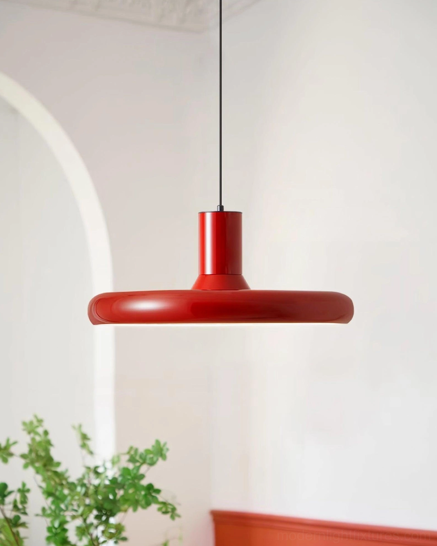 Modern red disc pendant light sloped vaulted ceiling installation compatibility