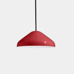 Red modern dome pendant light with glossy metal finish on white background