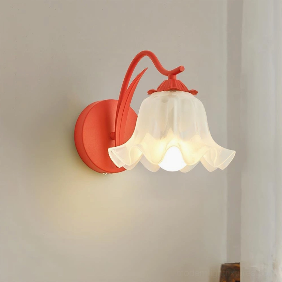 Red coral matte metal wall sconce with frosted lily flower glass shade