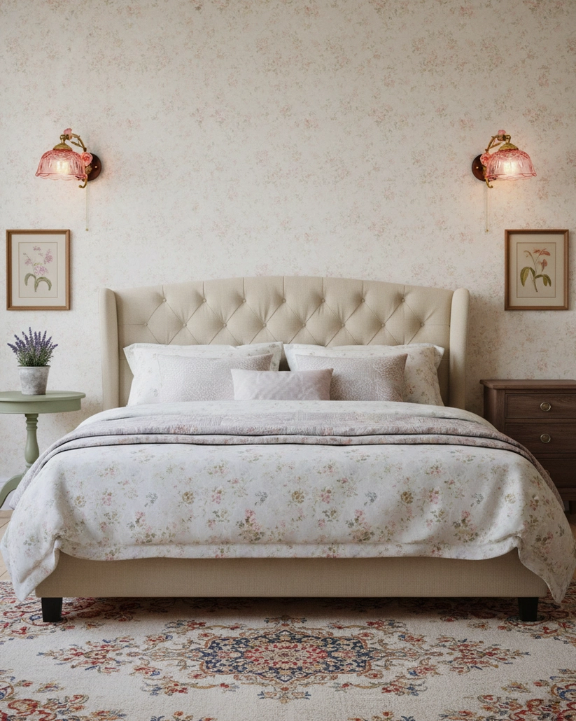 Red Roseraie Verse wall lamp pair flanking tufted headboard in modern master bedroom