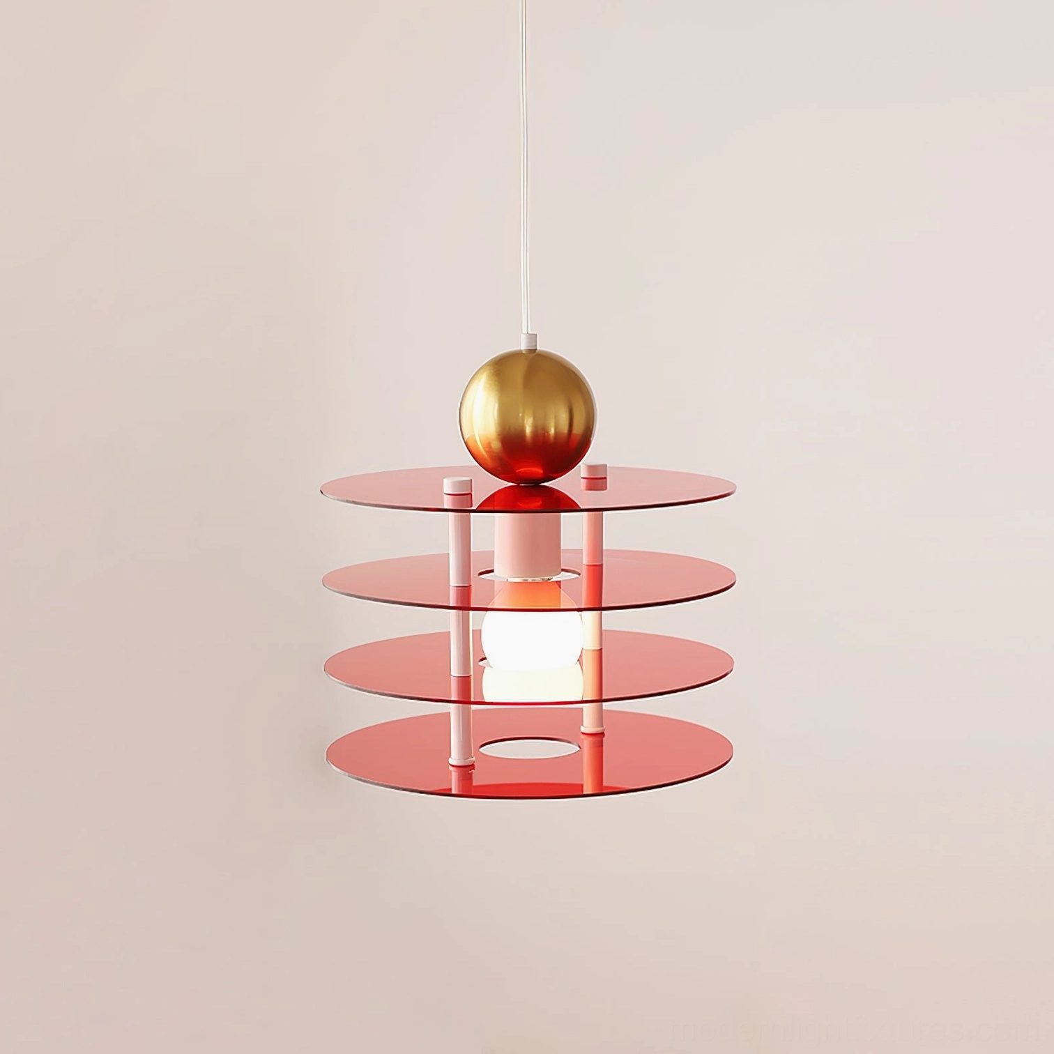 Red and gold modern layered pendant light with geometric acrylic structure