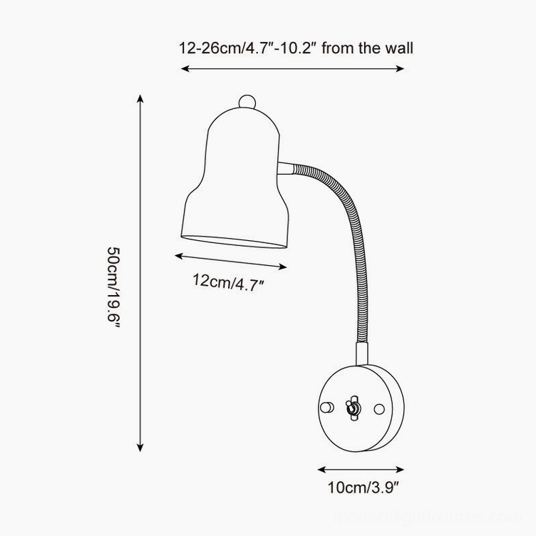 Industrial red wall sconce technical specifications and dimensional line drawing diagram
