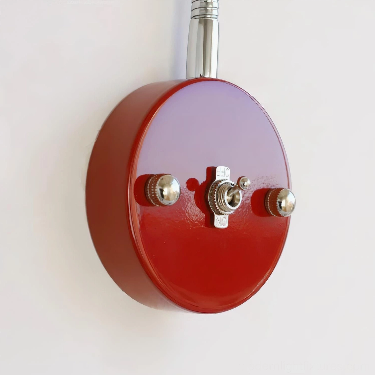 Red gooseneck wall sconce with adjustable flexible arm and retro industrial aesthetics